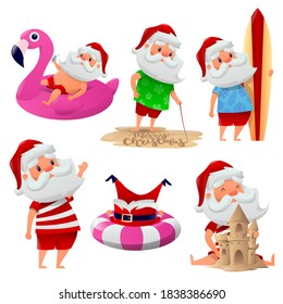 Set of Santa on white background. Santa cartoon characters with different emotions and on beach items. Funny and cute set of Santa Claus having a rest at the sea. Vector illustration