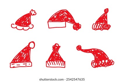 set of santa red hats with fur. Isolated Christmas holiday vector decoration. Minimalist prints in cute line doodle style. Hand drawn vector art