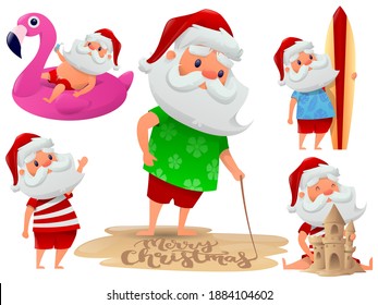Set of Santa at the sea. Santa cartoon characters with different emotions and items. Merry Christmas, Happy New Year greeting. Funny Santa Claus having a rest on a beach. Vector illustration