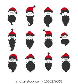 Set of Santas' beards, hats and glasses isolated on white. Vector illustration.