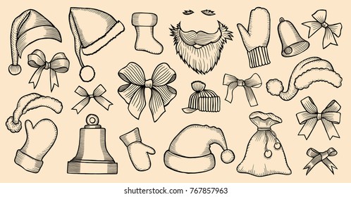 Set of Santa's hats, bags, beard, mitt, bow, bell,. Sketch of christmas hat, doodle style. For new year's day, christmas. Vector large collection hand drawn illustration. Retro engraving style