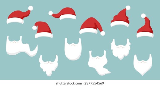 Set of Santas hats and beards in the flat style. Christmas concept.	