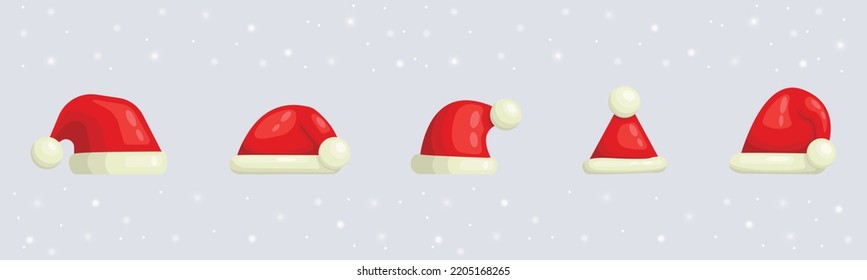 Set of santa's hats of different shapes for the holiday of christmas. Cute Vector illustration or sticker Merry Christmas and Happy New Year. Drawing for postcard, poster or background