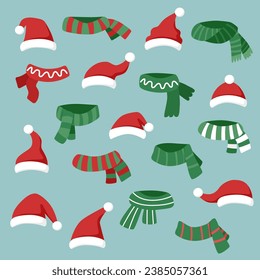 Set of Santas hats and scarves in the flat style. Christmas concept.	