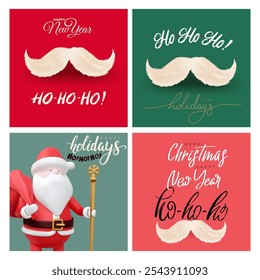 Set of Santa's mustache. Christmas card with santa claus mustache text ho-ho-ho on red, green background. Ho ho ho mustache Santa Claus. Template of a greeting card greeting with a Happy New Year.