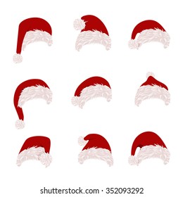 Set Santa's warm hat with pile for girls and for boys. White and Blue hats. Vector illustration collection.