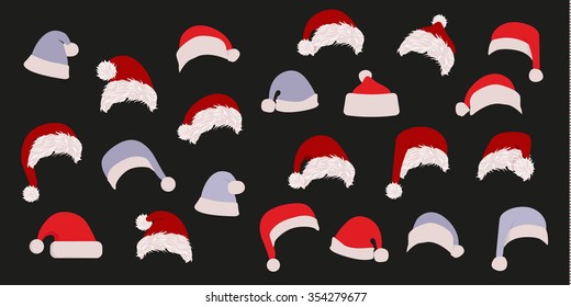 Set of Santa's warm hat with pile for girls and for boys. White and Blue hats. Vector illustration collection.