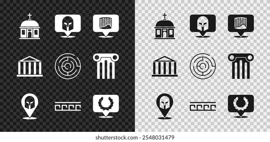 Set Santorini building, Greek helmet, Ancient column, pattern, Laurel wreath, Parthenon and Minotaur labyrinth icon. Vector