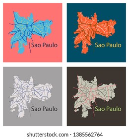 Set of Sao Paulo, Brazil, flat map isolated on background. High detailed silhouette illustration.