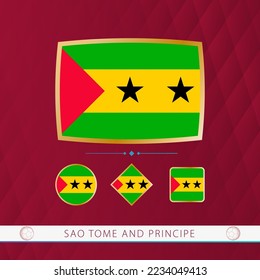 Set of Sao Tome and Principe flags with gold frame for use at sporting events on a burgundy abstract background. Vector collection of flags.