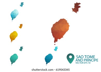 Set of Sao Tome and Principe maps. Bright gradient map of country in low poly style. Multicolored country map in geometric style for your infographics. Vector illustration eps 10.