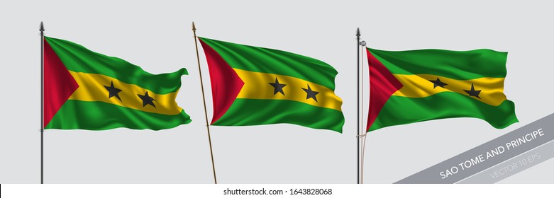 Set of Sao Tome and Principe waving flag on isolated background vector illustration. 3 wavy realistic flag as a symbol of patriotism