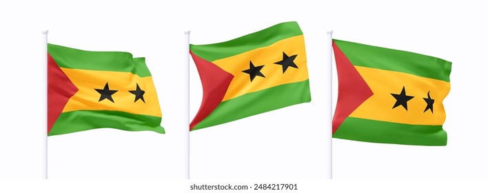 Set of Sao tome and Principe waving flag on flagpole. Realistic 3d design flag flies on the wind on isolated white background. vector illustration