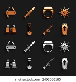 Sapper-Schaufel, Marinemine, Coffin mit Kreuz, Sniper-Gewehrumfang, Binokulare, Militärhelm, Schweizerisches Armeemesser und Raketenwerfer-Ikone. Vektorgrafik
