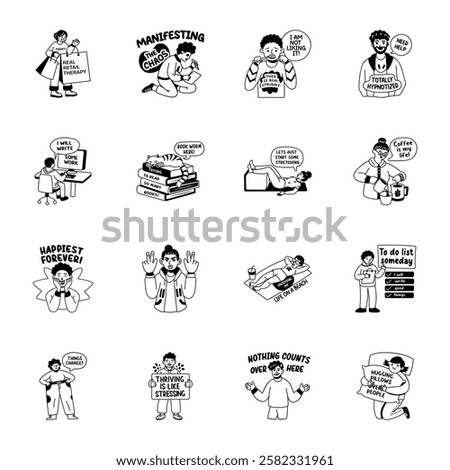 Set of Sarcastic Characters Glyph Style Stickers 