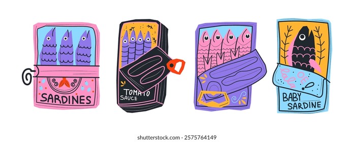 Set sardines and seafood in cans canned. Cartoon stickers of fish products packaging in bright doodle style. Tuna, salmon, shrimp, octopus. Vector shapes stickers