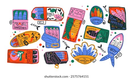 Set sardines and seafood in cans canned. Cartoon stickers of fish products packaging in bright doodle style. Tuna, salmon, shrimp, octopus. Vector shapes stickers