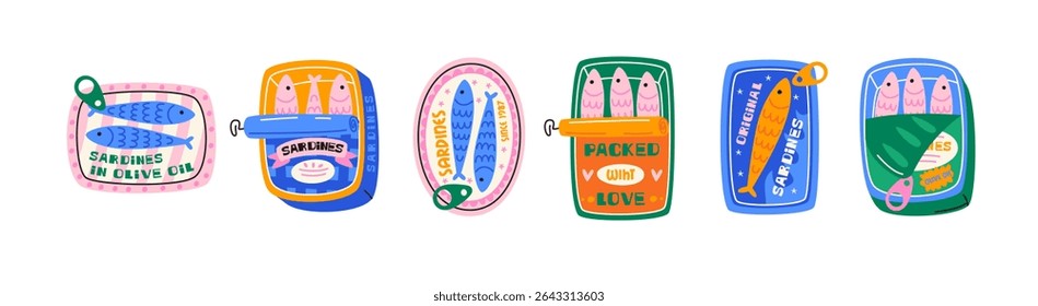 Set sardines and seafood in cans canned. Cartoon stickers of fish products packaging in bright doodle style. Tuna, salmon, shrimp, octopus. Vector shapes stickers
