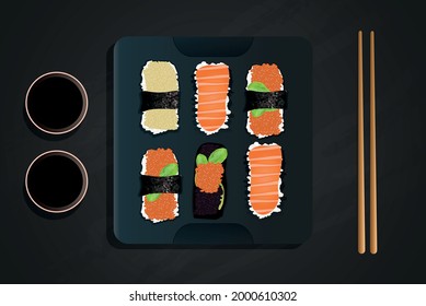 set sashimi sushi soy chopsticks
