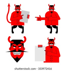 Set satana and devil. Daemon in different poses. Scary red demon shows blank. Beelzebubs head with smile and horns