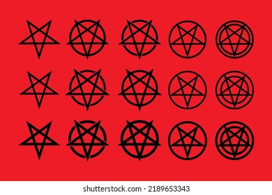 Set satanic occult signs and mystic symbols, vector pentagram with red background