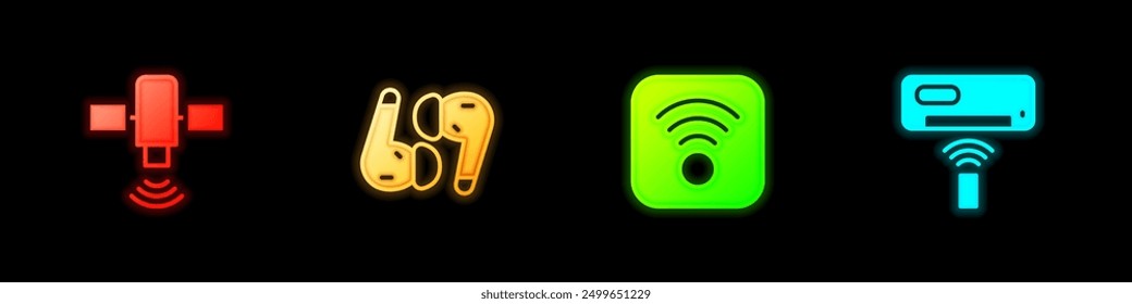 Set Satellite, Air headphones, Wi-Fi wireless internet and conditioner icon. Vector