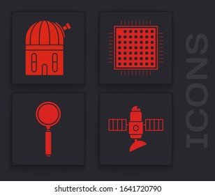 Set Satellite, Astronomical observatory, Processor and Magnifying glass icon. Vector