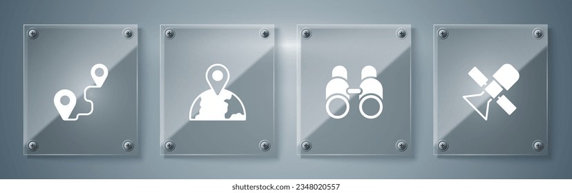 Set Satellite, Binoculars, Location on the globe and Route location. Square glass panels. Vector