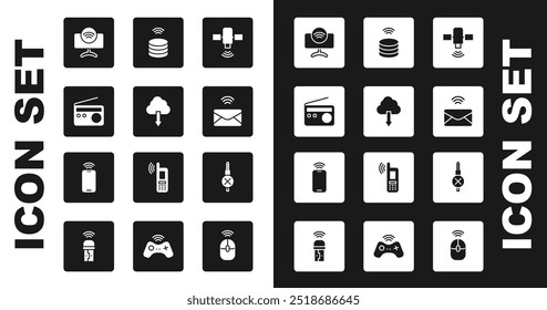 Set Satellite, Cloud download, Radio, Smart Tv system, Mail and e-mail, data server, No audio jack and Mobile with wi-fi wireless icon. Vector