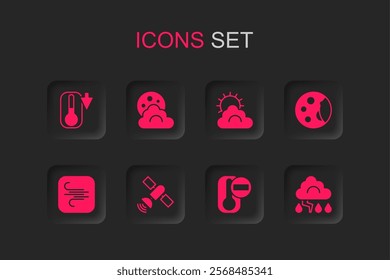 Set Satellite, Cloud with moon, Thermometer, Moon phases, and lightning, Sun cloud weather and Wind icon. Vector