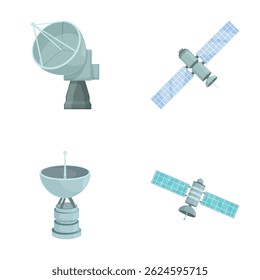 Set of satellite communication icons featuring vector technology, dish, space equipment, antenna, global signal broadcasting, network, and more in modern flat design