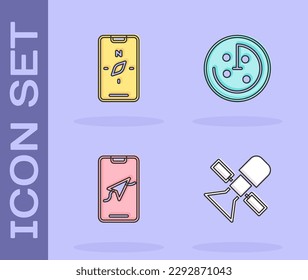 Satelliten-Set, Kompass auf Handy, Stadtplan Navigation und Radar mit Zielmonitor Symbol. Vektorgrafik