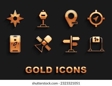 Set Satellite, Compass, Road traffic sign, on mobile, Location, Wind rose and Stop icon. Vector