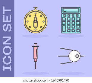 Set Satellite, Compass, Syringe and Calculator icon. Vector