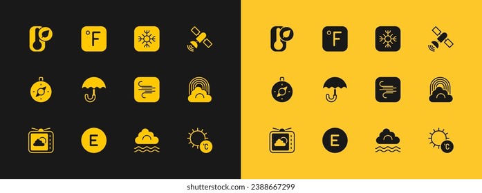 Set Satellite, Compass west, Wind, Fog and cloud, Umbrella, Snowflake, Thermometer and Fahrenheit icon. Vector