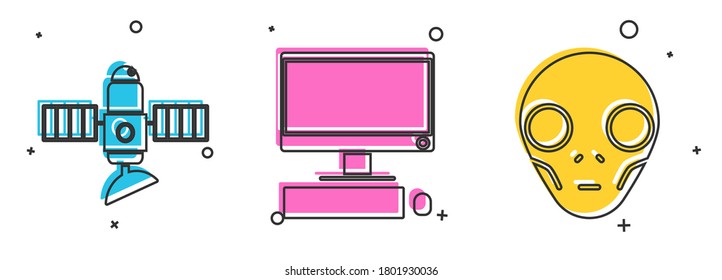 Set Satellite, Computer monitor with keyboard and mouse and Extraterrestrial alien face icon. Vector