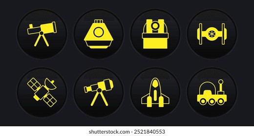 Set Satellite, Cosmic ship, Telescope, Rocket, Astronomical observatory, Space capsule, Mars rover and  icon. Vector