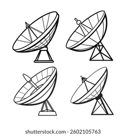 set of satellite dish antenna silhouette vector line art 