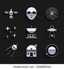 Set Satellite dish, Astronomical observatory, Satellites orbiting the planet Earth, UFO abducts cow, Falling stars, Black hole and  icon. Vector