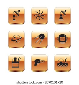 Set Satellite dish, Astronomical observatory, Ray gun, Planet Saturn, Mars rover and Black hole icon. Vector