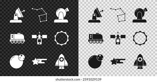 Set Satellite dish, Great Bear constellation, Astronomical observatory, Planet, Falling star, Rocket ship, Mars rover and  icon. Vector