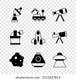 Set Satellite dish, Mars rover, Telescope, Asteroid, Space capsule, UFO flying spaceship, Astronomical observatory and Rocket icon. Vector