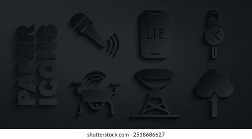 Set Satellite dish, No usb cable cord, Smart drone system, Cloud upload, LTE network and Wireless microphone icon. Vector