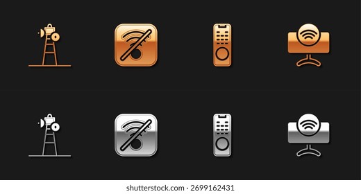 Definir antena parabólica, Sem acesso Wi-Fi à Internet sem fio, Controle remoto e ícone do sistema Smart Tv. Vetor