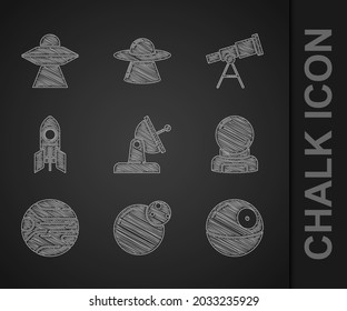 Set Satellite dish, Planet, Death star, Astronaut helmet, Rocket ship, Telescope and UFO flying spaceship icon. Vector