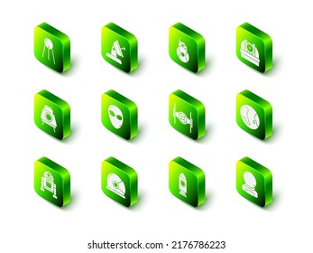 Set Satellite dish, Robot, Astronomical observatory, Earth globe, Astronaut helmet, Cosmic ship, Rocket and  icon. Vector