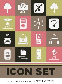Set Satellite dish, Smart headphones system, Wi-Fi wireless internet, No, Music player, Cloud upload and Network icon. Vector