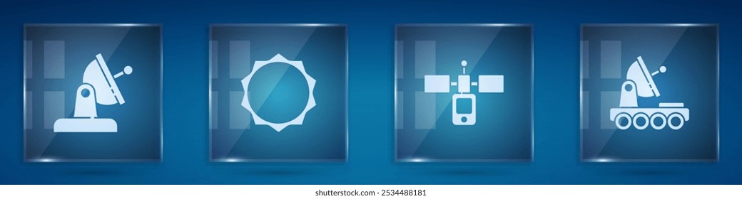 Set Satellite dish, Sun,  and Mars rover. Square glass panels. Vector