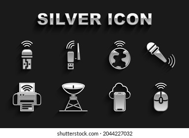 Set Satellite dish, Wireless microphone, computer mouse, Cloud technology data, Smart printer system, Global, Usb wireless adapter and  icon. Vector