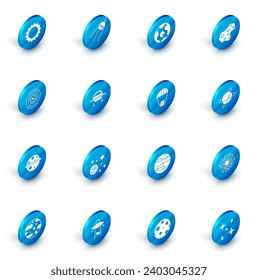 Set Satellite, Earth globe, Asteroid, Black hole, Planet Saturn, UFO flying spaceship, Satellites orbiting the planet and Space capsule and parachute icon. Vector